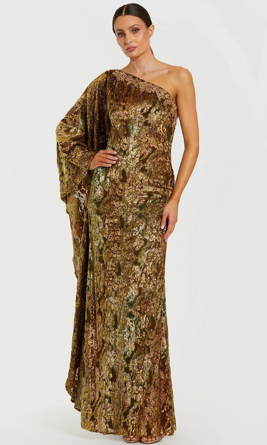 Mac Duggal 68981 - Metallic Burnout Velvet Asymmetric Gown