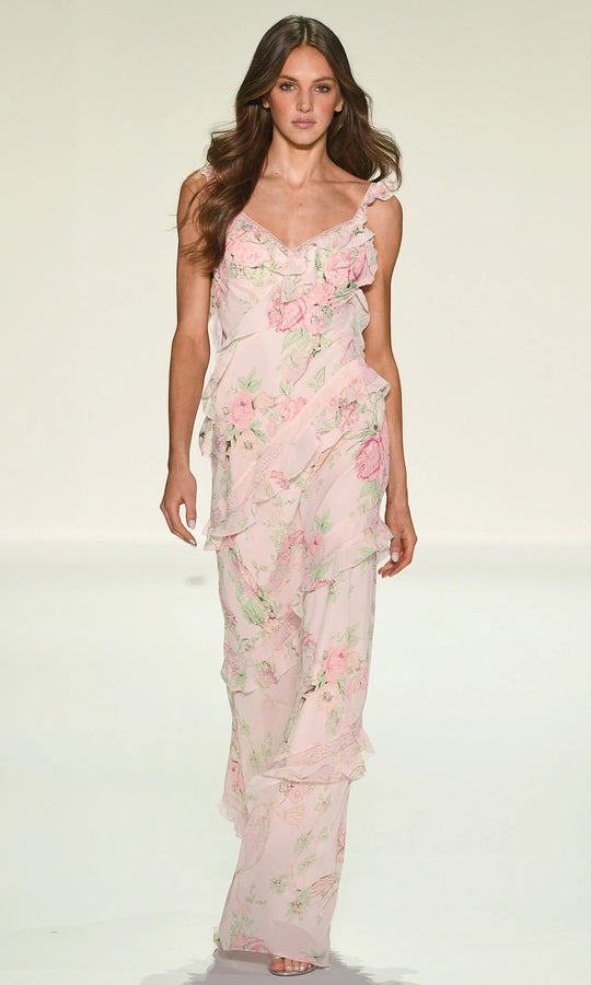 Sherri Hill 57782 - Ruffle Trim Floral V-Neckline Gown