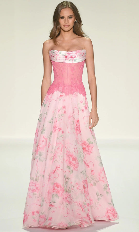 Sherri Hill 58002 - Strapless Floral Print Lace Dress