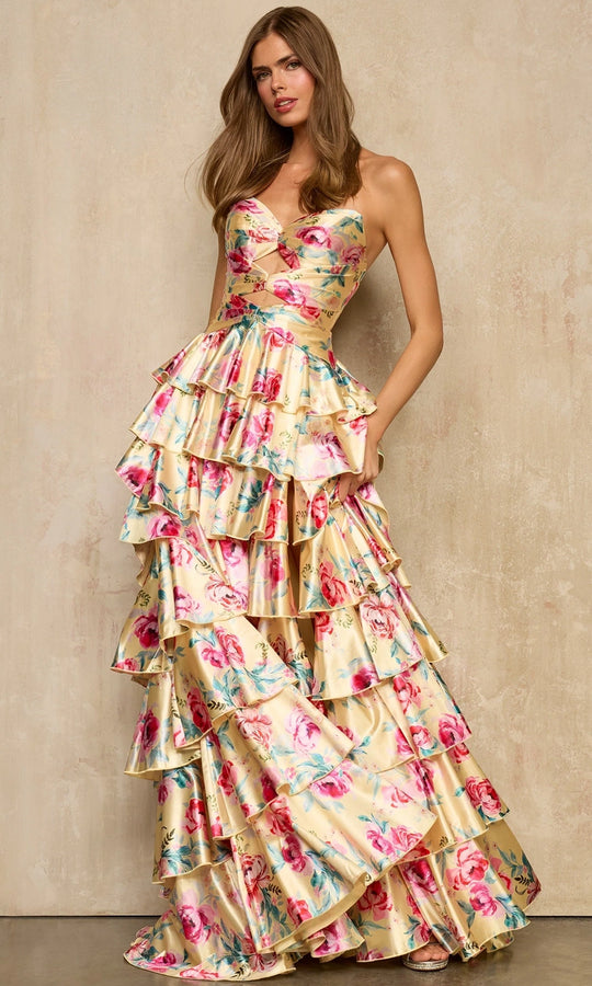 Sherri Hill 57878 - Ruffle Floral Print Gown with Cutouts