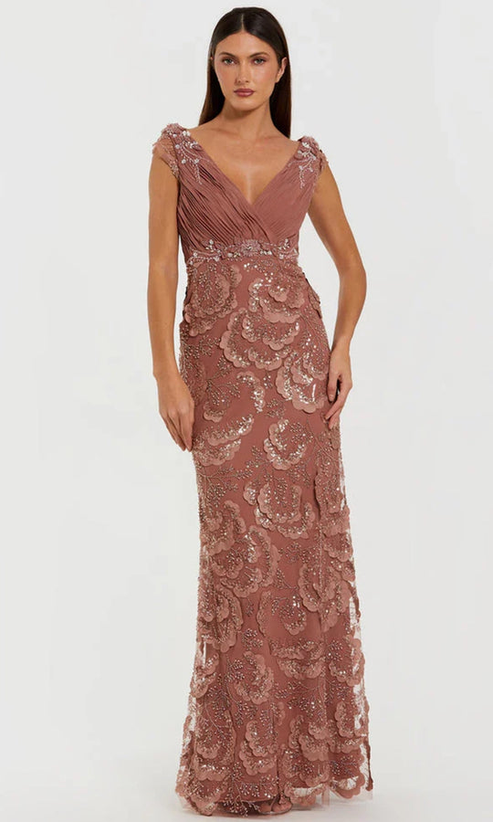 Mac Duggal 69022 - Beaded Floral Cap Sleeve Column Gown