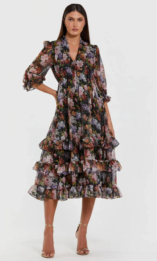 Mac Duggal 69031 - Ruffle Floral Chiffon Tea-Length Dress