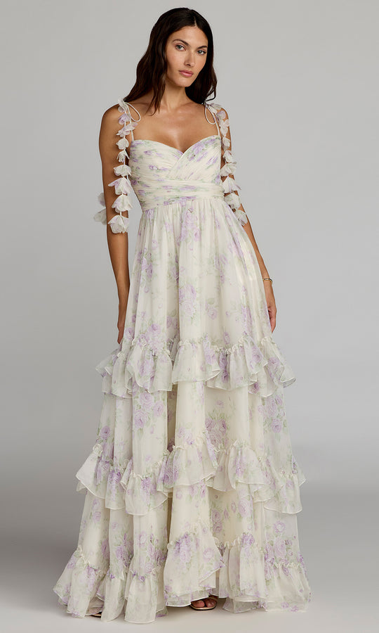 Ieena Duggal 69061 - 3D Floral Strap Ruffle Printed Gown