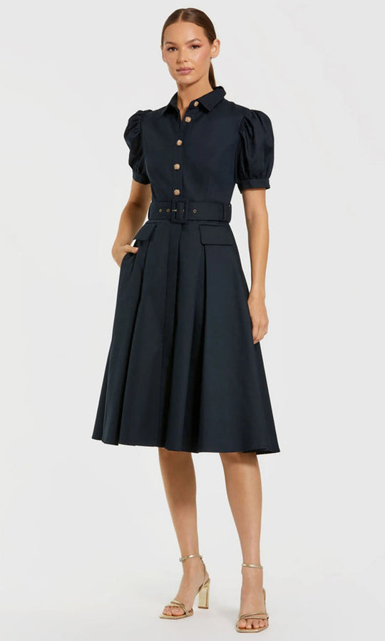 Mac Duggal 69097 - Shirt Collar Pleated A-Line Midi Dress