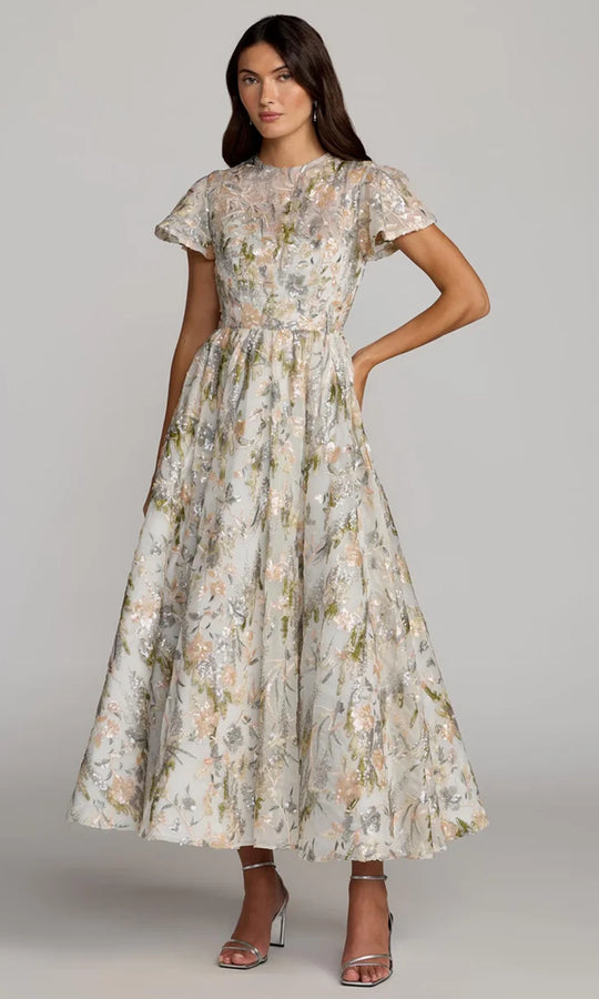 Mac Duggal 69107 - Floral Embroidered Flutter Sleeve Midi Dress