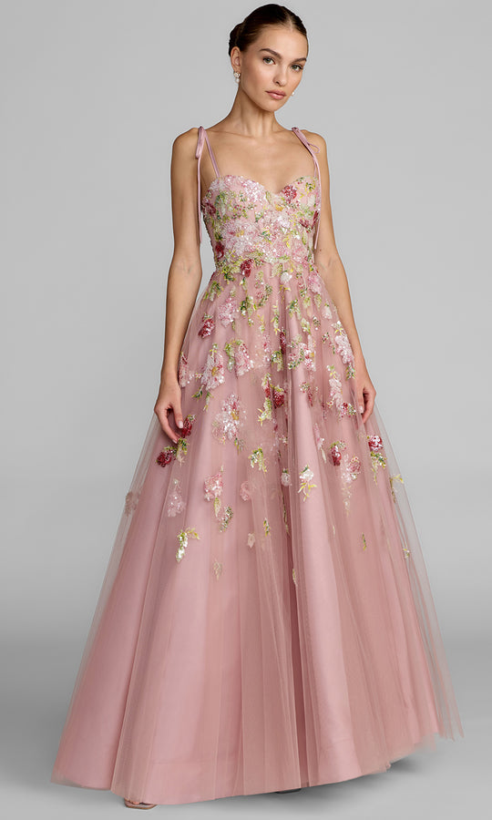 Mac Duggal 69143 - Floral Embellished Prom Gown with Tie Straps