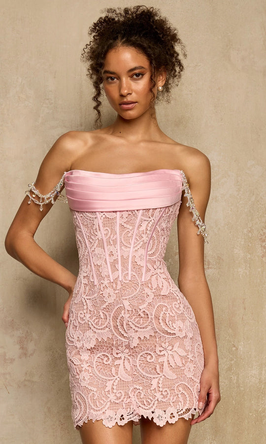 Sherri Hill 58395 - Beaded Off Shoulder Strap Lace Mini Dress