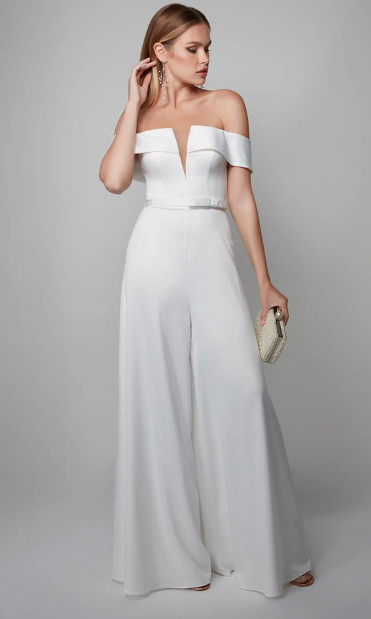 Alyce Paris 70012 - Satin Off Shoulder Wide-Leg Jumpsuit
