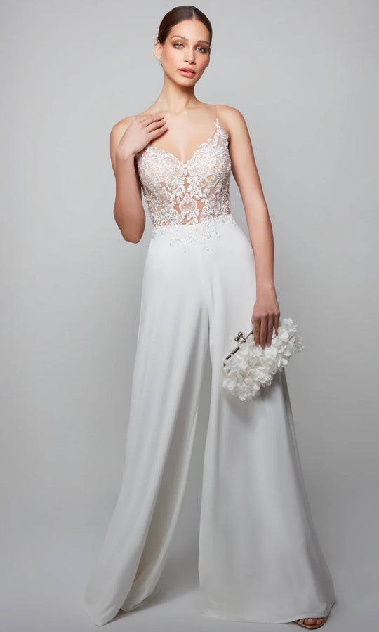 Alyce Paris 70017 - Sheer Lace Bodice Wide-Leg Jumpsuit
