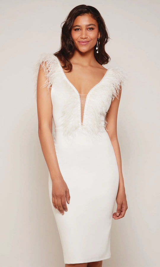 Alyce Paris 70033 - Feather Trimmed V-Neck Sheath Dress