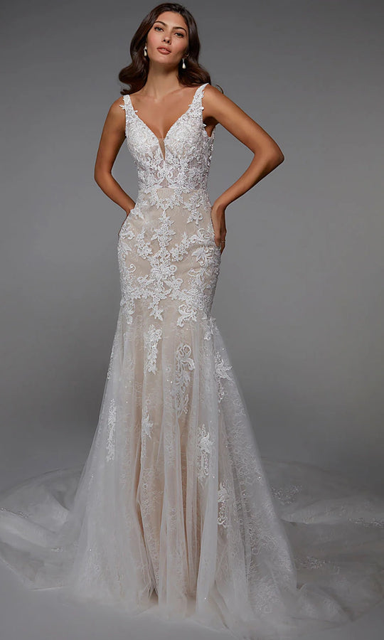 Alyce Paris 7029 - Plunging Trumpet Dress with Embroidered Detail