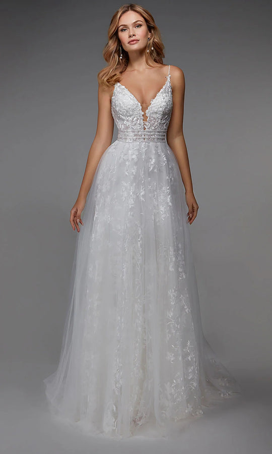 Alyce Paris 7036 - Plunging A-line Dress with Floral Appliques