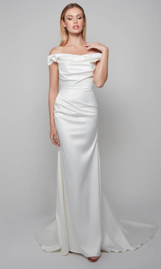 Alyce Paris 7064 - Ruched Ornate Off Shoulder Satin Gown