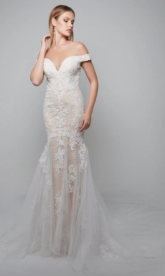 Alyce Paris 7086 - Lace Appliqued Off Shoulder Trumpet Gown