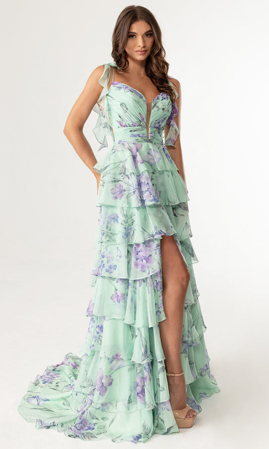 Rachel Allan 70953 - Floral Print Tiered A-Line Evening Gown