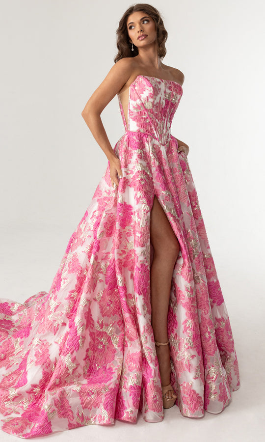 Rachel Allan 70975 - Floral Jacquard Straight Neckline Ballgown