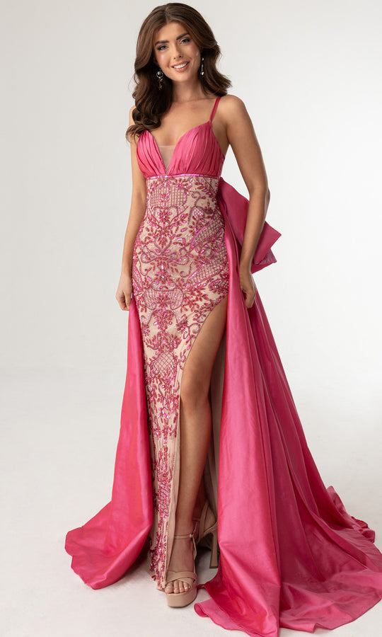 Rachel Allan 71016 - Beaded Sheath Gown with Taffeta Overskirt