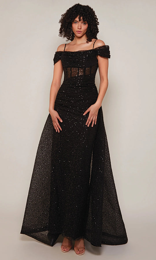 Alyce Paris 7101 - Sheer Corset Glitter Dress with Overskirt