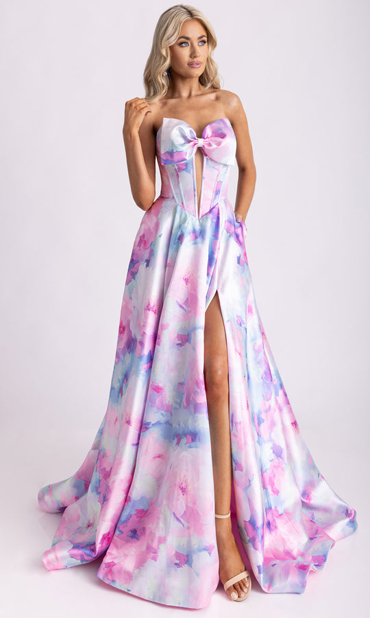 Rachel Allan 71036 - Bow Neckline Watercolor Print Prom Gown