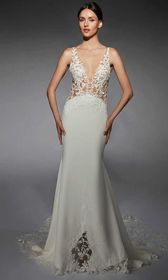 Alyce Paris 7117 - Floral Appliqued Illusion Trumpet Gown