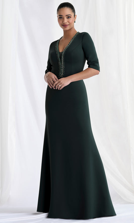 MGNY By Mori Lee 73154 - Plunging V-Neck Beaded Trim Evening Gown