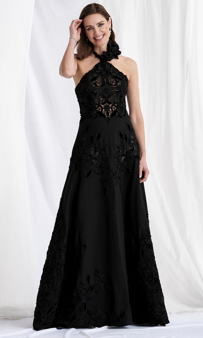 MGNY By Mori Lee 73159 - Long Velvet, Lace A-line Dress - Embroidered Lace Bodice, 3D Floral Accent, Sleeveless, Open Back, Floor Length 10 / Black - MGNY By Mori Lee 73159 - Long Velvet, Lace A-line Dress - Embroidered Lace Bodice, 3D Floral Accent, Sleeveless, Open Back, Floor Length 10 / Black -