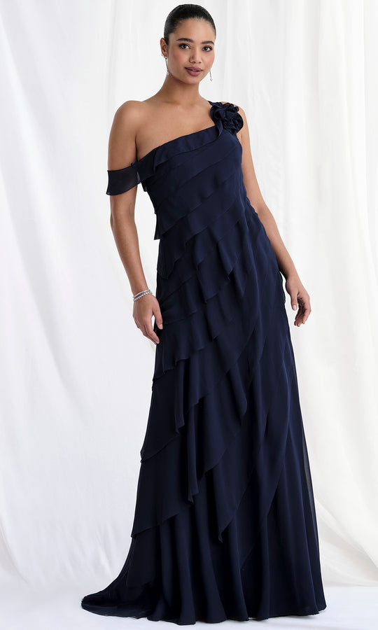 MGNY By Mori Lee 73173 - One Shoulder Tiered Chiffon Gown