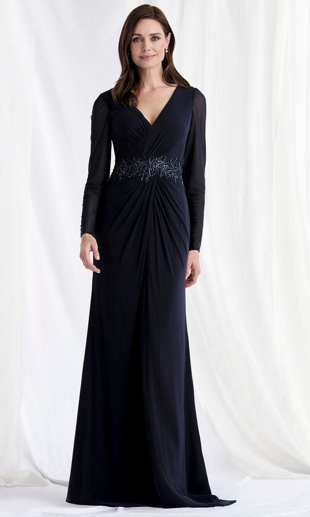 MGNY By Mori Lee 73175 - Long Mesh Sheath Dress - Surplice Bodice, Long Sleeves, Ruched Waist, High Slit, Beaded Appliques, Concealed Back Zipper 4 / MGNY By Mori Lee 73175 - Long Mesh Sheath Dress - Surplice Bodice, Long Sleeves, Ruched Waist, High Slit, Beaded Appliques, Concealed Back Zipper 4 /