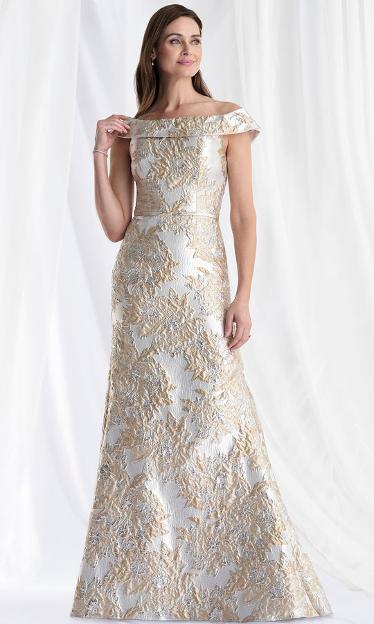 MGNY By Mori Lee 73181 - Ruffle Draped Back Metallic Brocade Gown
