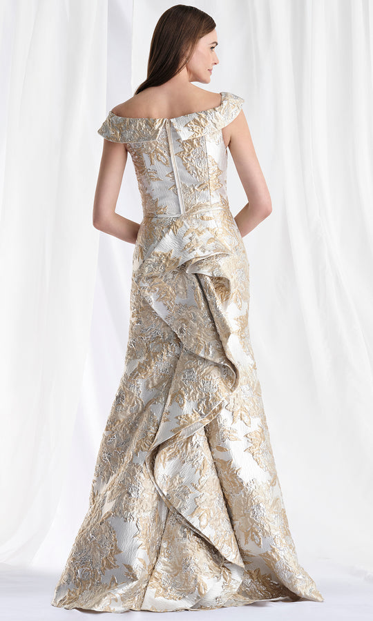 MGNY By Mori Lee 73181 - Ruffle Draped Back Metallic Brocade Gown