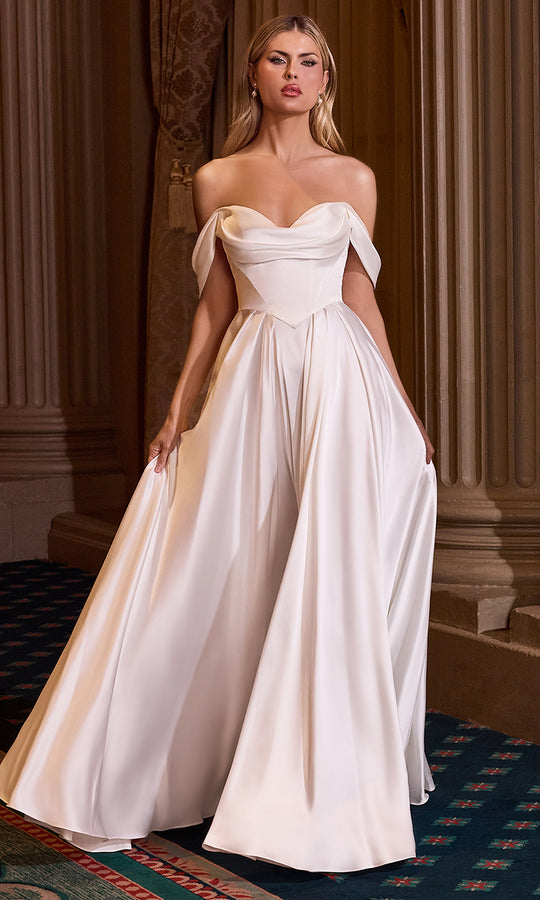 Ladivine 7449W - Draped Off Shoulder A-Line Gown