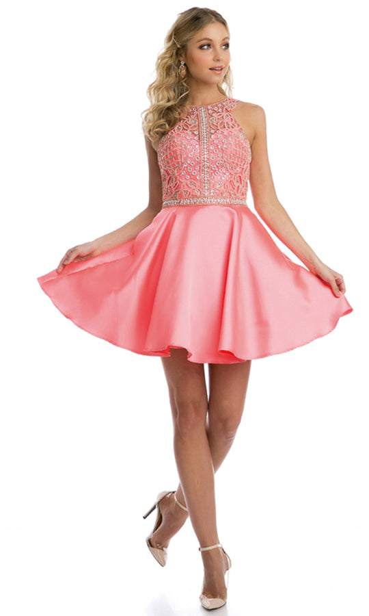 Juliet Dresses 779 - Halter Beaded Appliqued Mini Dress