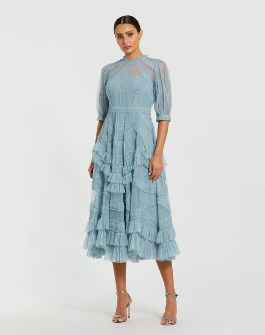 Mac Duggal 8058 - High Neck Ruffled Tea Length Dress