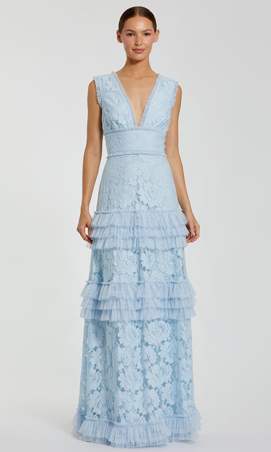 Ieena Duggal 8078 - Tiered Ruffle Deep V-Neck Evening Gown