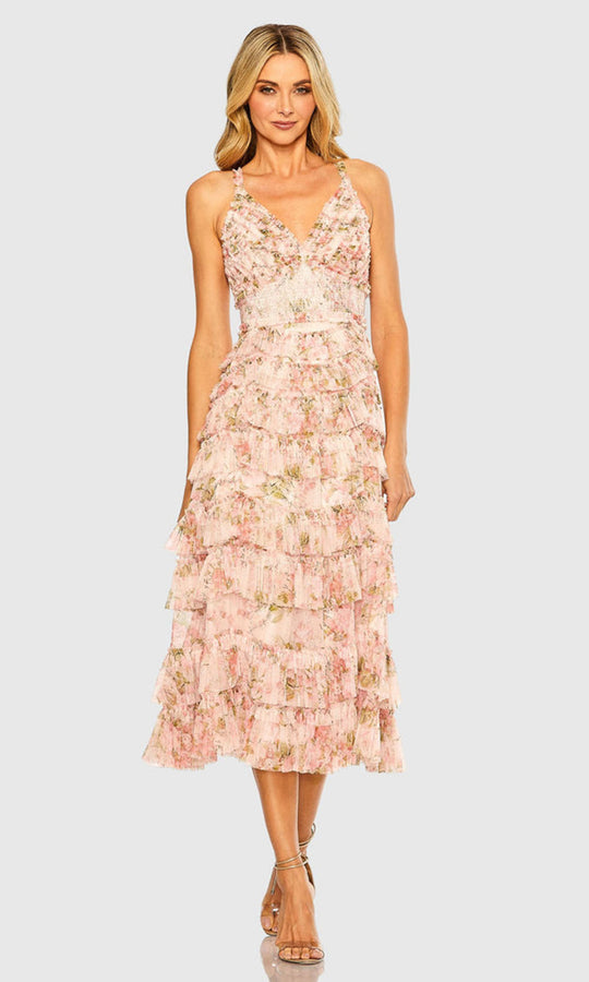 Mac Duggal 8100 - Floral Tiered Mesh Tea-Length Dress