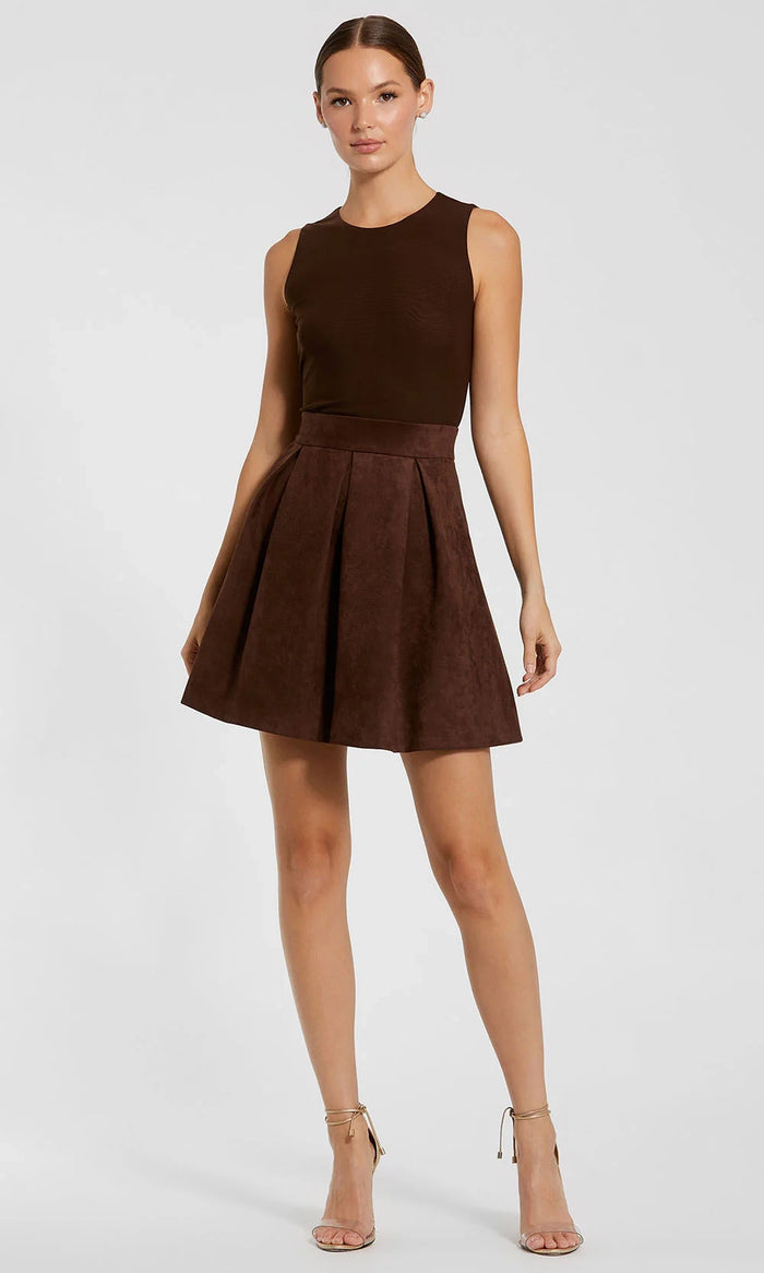 Mac Duggal Women's Sleeveless Mesh and Suede A Line Mini Dress - Brown - Size 10 - Chocolate Mac Duggal Women's Sleeveless Mesh and Suede A Line Mini Dress - Brown - Size 10 - Chocolate