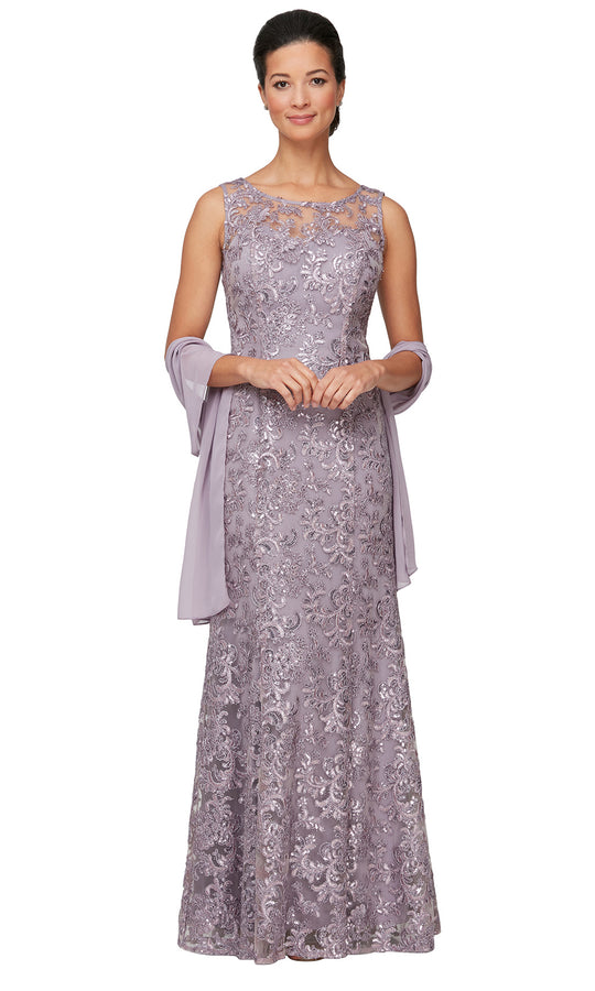 Alex Evenings 82171128 - Embroidered Illusion Neck Gown with Shawl