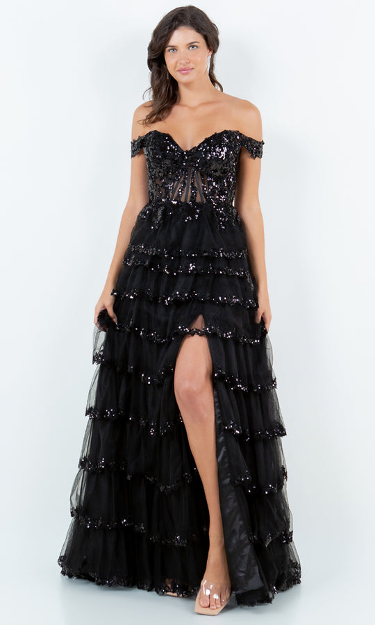 Cinderella Couture 8228J- - Off Shoulder Tiered Sequin Gown