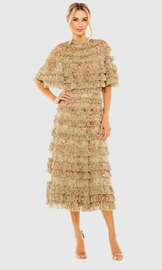 Mac Duggal 8231 - Tiered Floral Ruffle Tea-Length Dress