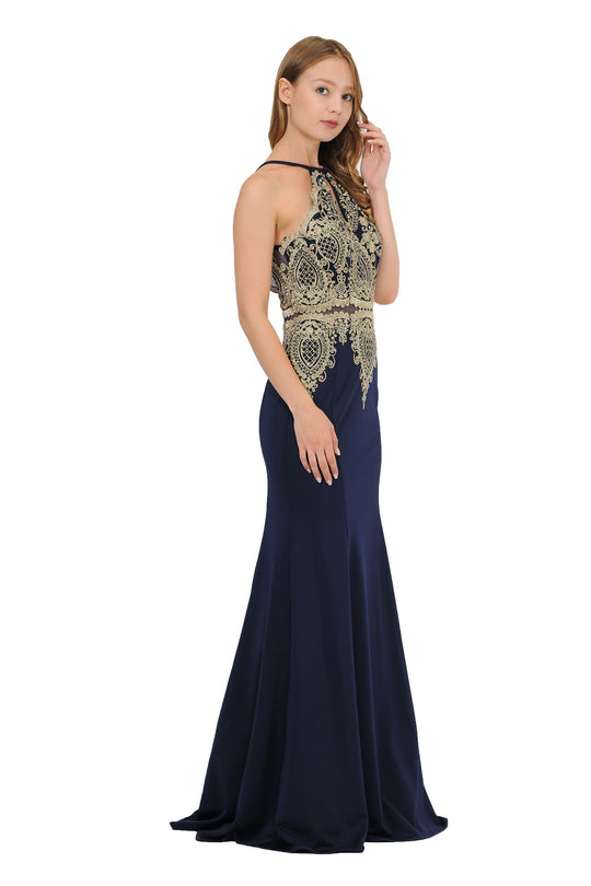 Poly USA 8244 - Deep V-Back Trumpet Embroidered Dress