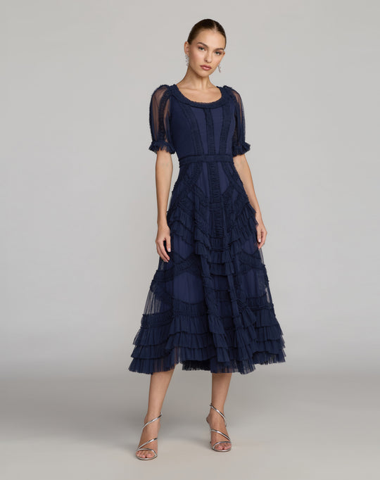 Mac Duggal 8248 - Micro Ruffle Tea-Length Dress with Puff Sleeves