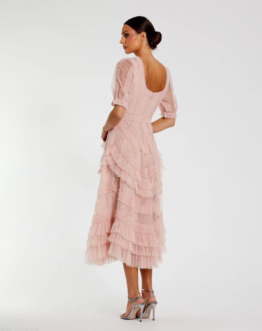 Mac Duggal 8248 - Micro Ruffle Tea-Length Dress with Puff Sleeves