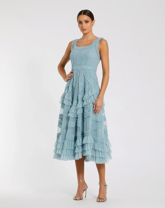 Mac Duggal 8250 - Scoop Neck Ruffle Tea-Length Dress
