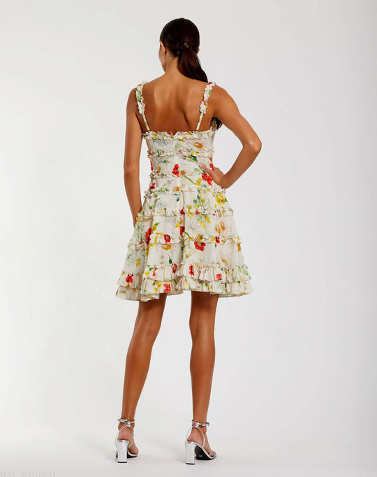 Mac Duggal 8257 - Floral Cotton Scoop Neck Mini Dress In White and Multi