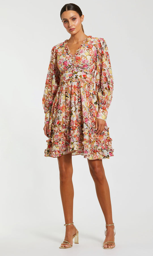 Mac Duggal 8261 - Floral Print V-Neck Cotton Mini Dress