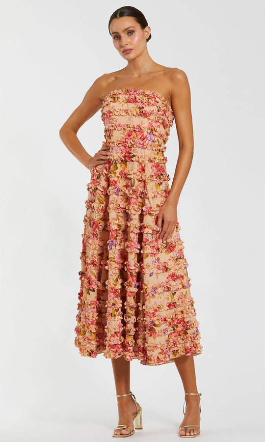 Mac Duggal 8262 - Floral Detail Strapless Tea-Length Dress