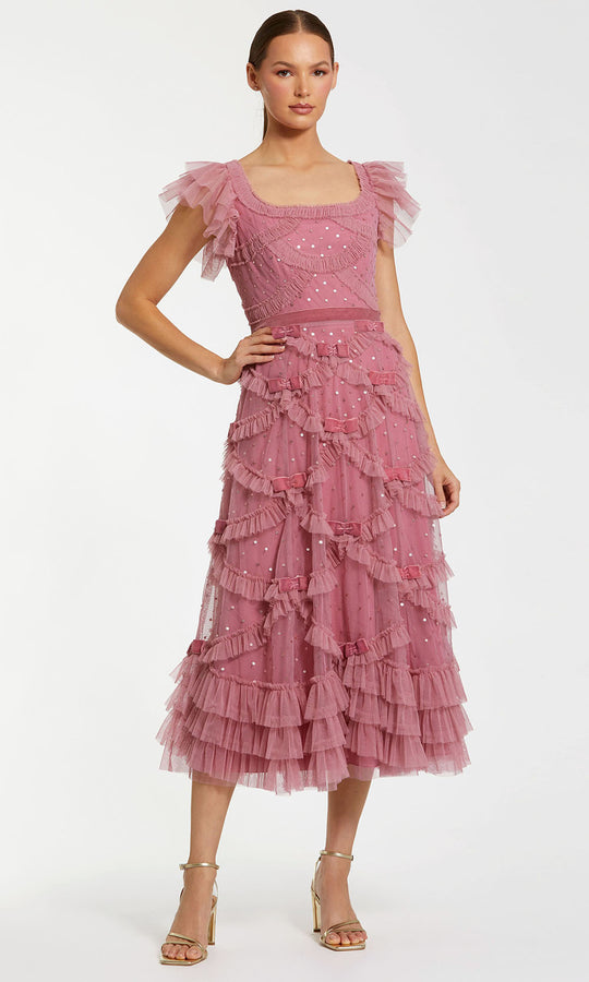 Mac Duggal 8272 - Flutter Sleeve Ruffled Midi Dress