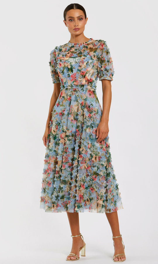 Mac Duggal 8302 - Textured Floral Tea-Length A-line Dress