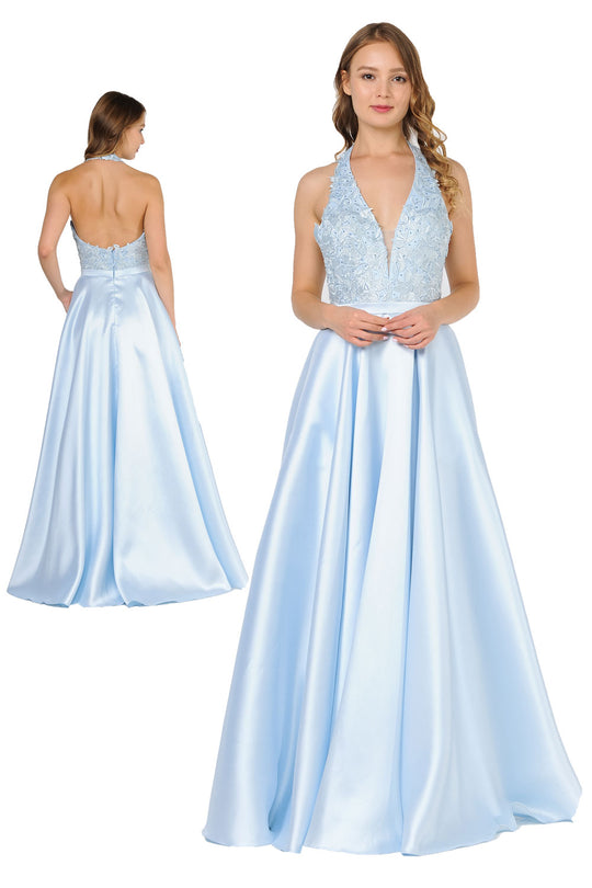 Poly USA 8316 - Embroidered Halter Mikado Long Dress