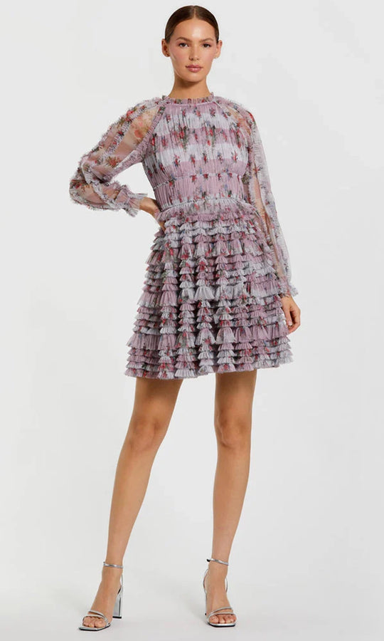 Mac Duggal 8328 - Sheer Long Sleeve Floral Printed Cocktail Dress